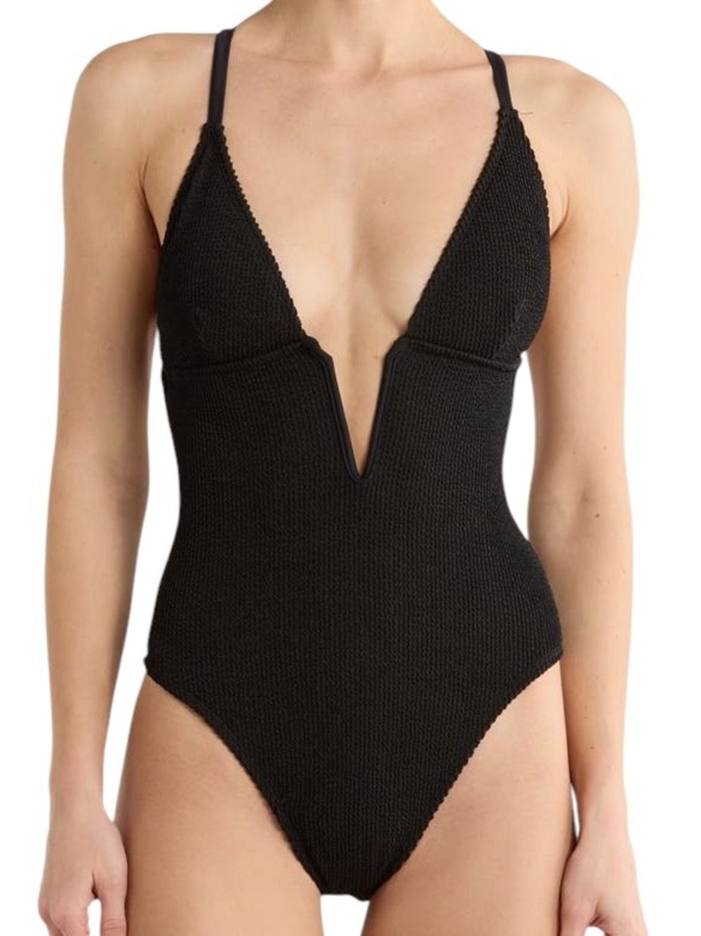 Good American Women’s Black Deep V Black Textured OnePiece Swimsuit New size S/M